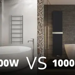 Dwa nowoczesne grzejniki łazienkowe: po lewej klasyczny grzejnik elektryczny 200w, po prawej designerski grzejnik 1000w.