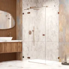 Nowoczesne miedziane baterie łazienkowe idealnie komponują się z drewnianą zabudową i kamiennymi płytkami, tworząc elegancką przestrzeń.
