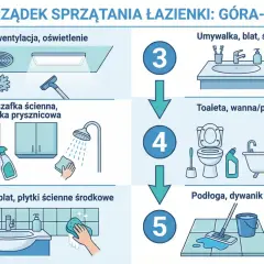 Instrukcja jak sprzątać łazienkę od góry do dołu: sufit, lustra, umywalka, toaleta, wanna, podłoga.