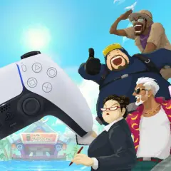 Biały kontroler PlayStation obok postaci z gry, które szukają, gdzie jest włącznik, by zacząć przygodę.