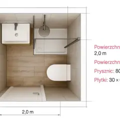 Kompaktowa łazienka 2x2 z prysznicem, umywalką i toaletą. Drewnopodobne płytki na ścianach i podłodze.