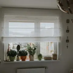 Okna z roletami rzymskimi, na parapecie rośliny. Inspiracja, jak zrobić rolety rzymskie, by stworzyć przytulne wnętrze.