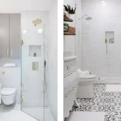 Mała łazienka patchwork z prysznicem i toaletą. Wzory na podłodze dodają jej charakteru.