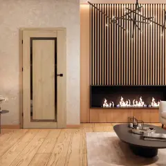 Nowoczesne drzwi wewnętrzne w aranżacji salonu z kominkiem i designerską lampą.