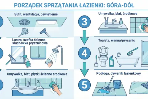 Instrukcja jak sprzątać łazienkę od góry do dołu: sufit, lustra, umywalka, toaleta, wanna, podłoga.