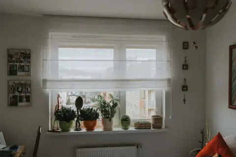 Okna z roletami rzymskimi, na parapecie rośliny. Inspiracja, jak zrobić rolety rzymskie, by stworzyć przytulne wnętrze.