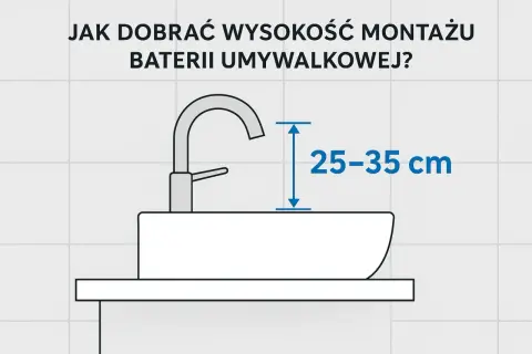 Jak wysoko umywalka w łazience? Wskazówka: 25-35 cm od blatu do wylewki baterii.