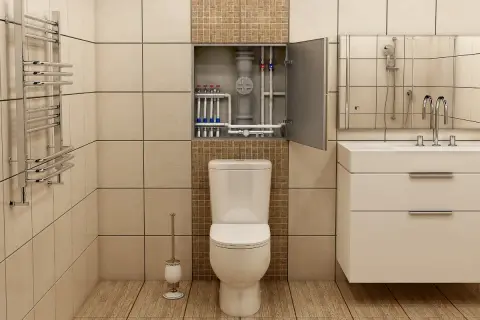 Wnęka z rurami od bojlera nad toaletą to sprytny sposób, jak ukryć rury od bojlera, zachowując estetykę łazienki.