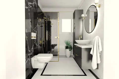 Elegancka, czarno biała łazienka z marmurowymi płytkami, złotymi detalami, wiszącą toaletą i nowoczesną szafką pod umywalkę.