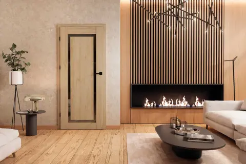 Nowoczesne drzwi wewnętrzne w aranżacji salonu z kominkiem i designerską lampą.