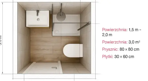 Rzut łazienki 2m2 z prysznicem, umywalką i toaletą. Wymiary 2,0 m x 3,0 m.