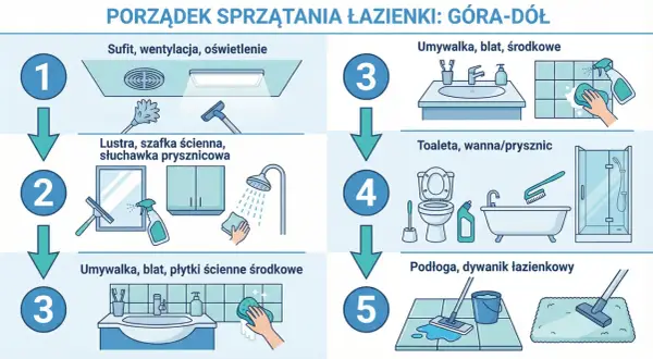 Instrukcja jak sprzątać łazienkę od góry do dołu: sufit, lustra, umywalka, toaleta, wanna, podłoga.