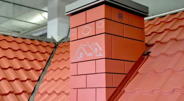Nowoczesny komin z cegły z grafiką domu i chmur. Ocieplenie komina zapewnia efektywne odprowadzanie spalin i chroni przed utratą ciepła.
