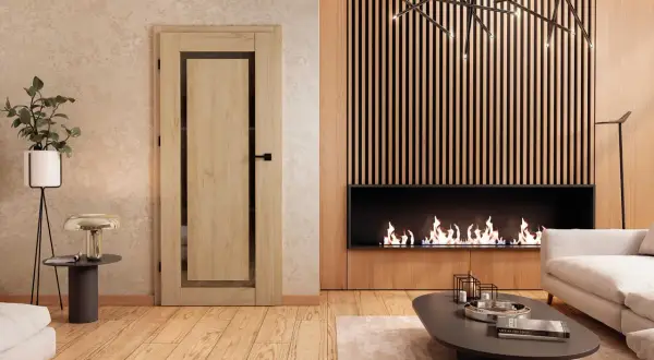 Nowoczesne drzwi wewnętrzne w aranżacji salonu z kominkiem i designerską lampą.