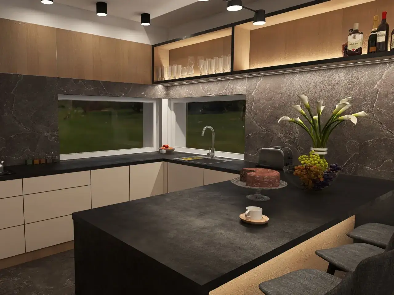 Nowoczesne dekory do kuchni: kamienne blaty, drewniane fronty, eleganckie szkło i owoce na wyspie.