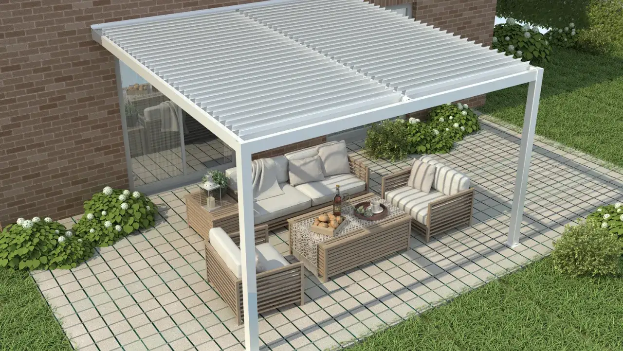 Nowoczesna pergola z regulowanym dachem, idealna do ogrodu. Zobacz, jak zamontować pergole w ogrodzie i stworzyć strefę relaksu.