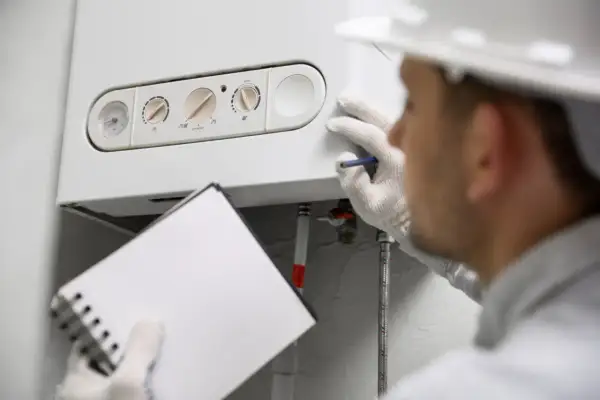 Instalator w białej rękawiczce sprawdza piec gazowy, notując szczegóły dotyczące montażu.