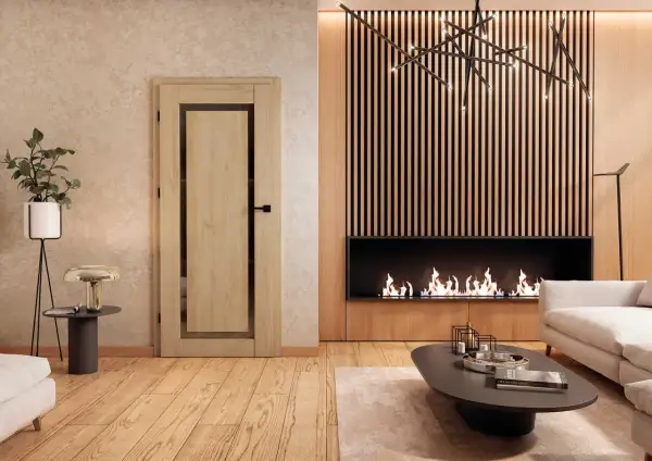 Nowoczesne drzwi wewnętrzne w aranżacji salonu z kominkiem i designerską lampą.